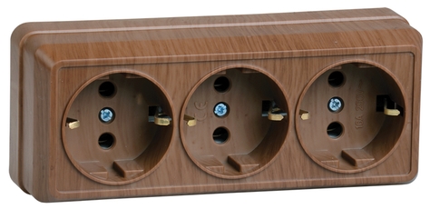 Розетка РС23-3-ОД трехместная с заземляющим контактом 16А открытая установка Октава дуб