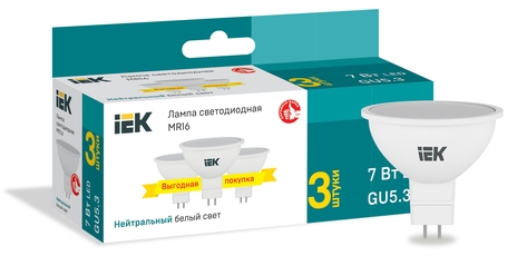 Лампа LED MR16 софит 7Вт 230В 4000К GU5,3 (3шт/упак) IEK