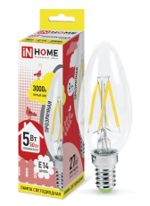 Лампа светодиодная LED-СВЕЧА-deco 5Вт 230В Е14 3000К 450Лм прозр | 4690612007564 | IN HOME