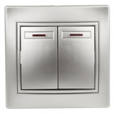 1-105-03 Intro Выключатель двойной с подсветкой, 10А-250В, IP20, СУ, Plano, алюминий | Б0030046 | Intro