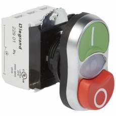 Кнопка двойная с потайн./выступ. ''I - O'' толкателями ? 22,3 - Osmoz - в сборе - с подсветкой - зеленый/красный - 24 В~/= | 023765 | Legrand