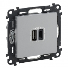 Valena LIFE Алюминий Зарядное устройство с 2-мя USB-разьемами тип A-тип С 240В/5В 3000мА С лицевой панелью | 753306 | Legrand