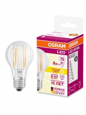 Лампа светодиодная филаментная LED STAR Classic A 8W, прозрачная колба, Е27 LEDSCLA75 8W/827 230V FIL E27 FS1 | 4058075055339 | Osram