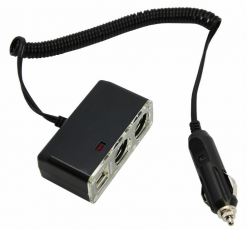 Разветвитель автоприкуривателя 2 гнезда 2хUSB (5 V 1000 mA) шнур спираль 1.5 м | 16-0225 | REXANT