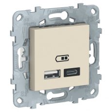 UNICA NEW РОЗЕТКА USB, 2-местная, тип А+С, 5 В / 2400 мА, БЕЖЕВЫЙ |NU501844| Schneider Electric