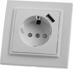 PST16-9011-01 Розетка 1-местная с/з, 250В, 16А, с USB 1А, серия Эрна, белый | 39051 | STEKKER