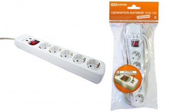Удлинитель бытовой У05В-USB 5 гнезд, 2USB разъема, 1,5 метра, вык., з/к, ПВС 3х1мм2 16А/250В | SQ1303-0302 | TDM