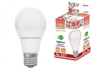 Лампа светодиодная НЛ-LED230-A60-7 Вт-230 В-3000 К-Е27, (60x106 мм), Народная | SQ0340-1623 | TDM