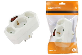 Блок на 3 гнезда с выключателем с индикацией: 1x2П+3 16А+2х2П 2,5А под плоскую вилку 250B белый | SQ1806-0202 | TDM