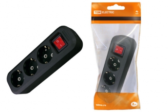 Колодка розеточная 3 гнезда 2П+3 c выключателем 16А 250В черная | SQ1806-0117 | TDM