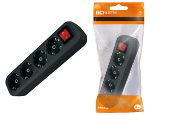 Колодка розеточная 4 гнезда 2П+3 c выключателем 16А 250В черная | SQ1806-0118 | TDM