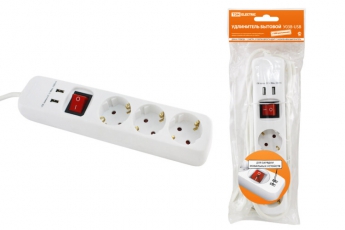 Удлинитель бытовой У03В-USB 3 гнезда, 2USB разъема, 1,5 метра, вык., з/к, ПВС 3х1мм2 16А/250В | SQ1303-0301 | TDM