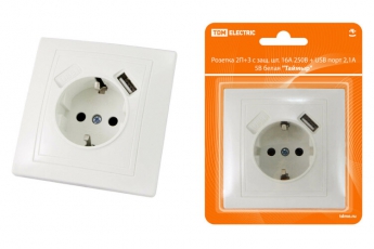 Розетка 2П+З с защ. шт. 16А 250В + USB порт 2,1А 5В белая 