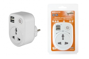 Адаптер универсальный поворотный с/з 250В 16А + 2USB 2.1A белый | SQ1806-0183 | TDM