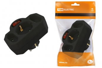 Блок на 3 гнезда с выключателем с индикацией: 1x2П+3 16А+2х2П 2,5А под плоскую вилку 250B черный | SQ1806-0302 | TDM