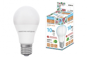 Лампа светодиодная НЛ-LED-A55-10 Вт-230 В-6500 К-Е27, (55х98 мм), Народная | SQ0340-1510 | TDM