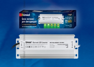 Блок питания для светодиодов с защитой от короткого замыкания и перегрузок, UET-VAJ-060A67 алюм. корпус, 60Вт, 12В, IP67 | 10588 | Uniel