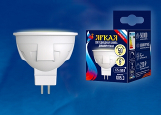 Лампа светодиодная LED-JCDR 6W/WW/GU5.3/FR/DIM PLP01WH LED, димм.. «JCDR», мат, серия Яркая, пр-во Россия, 3000К | UL-00003991 | Uniel